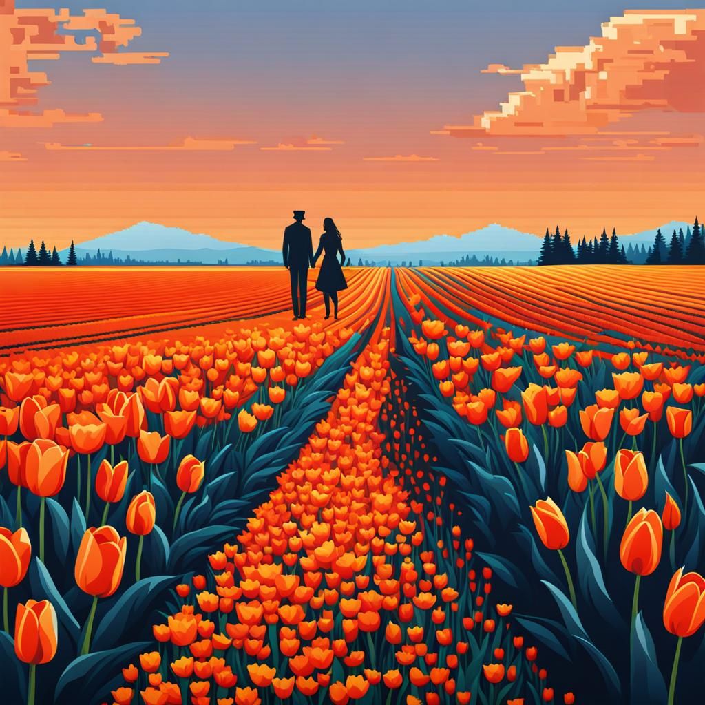 Couple in Orange Tulip Field: Pixel Art