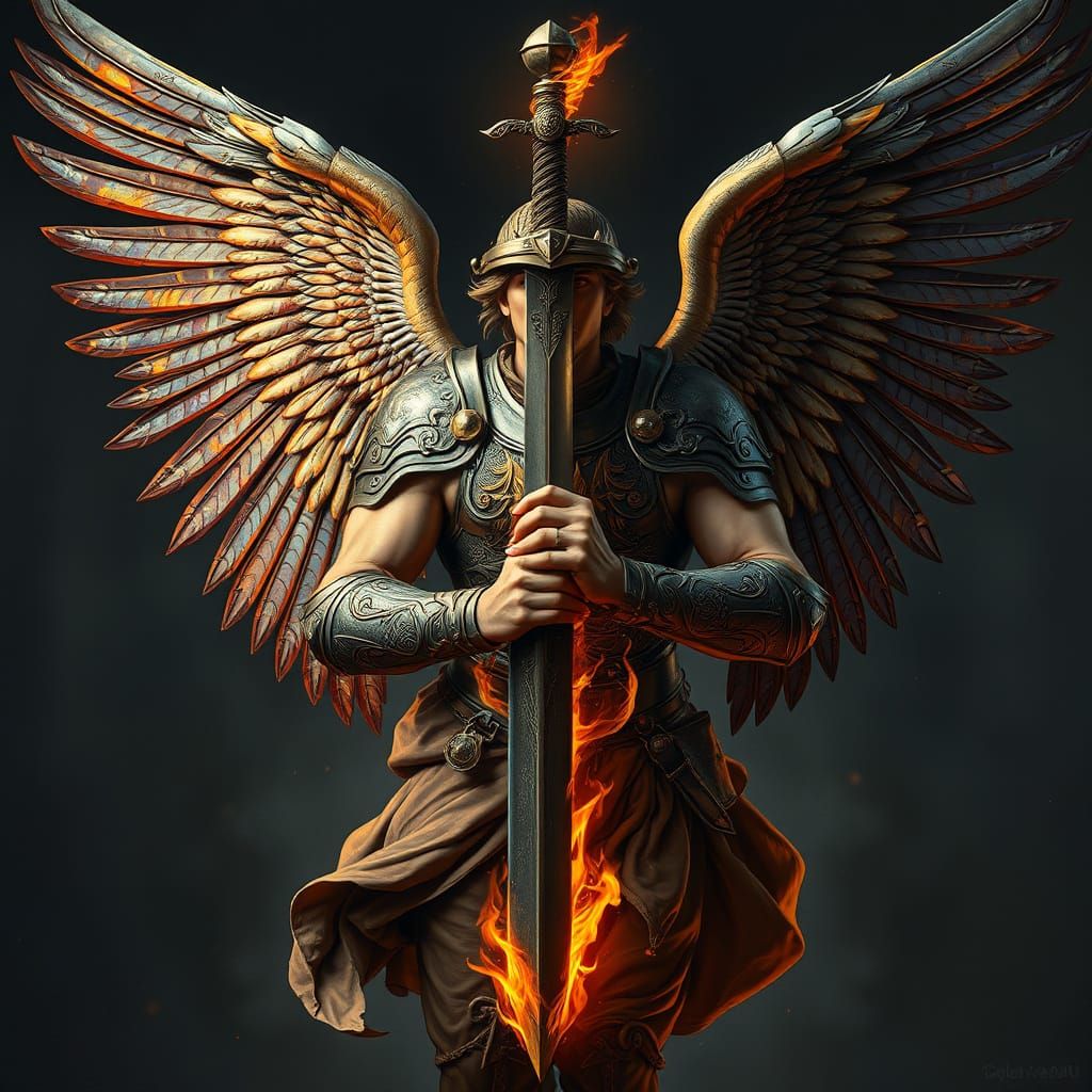 Muscular Angel Descends with Iridescent Wings in Renaissance...