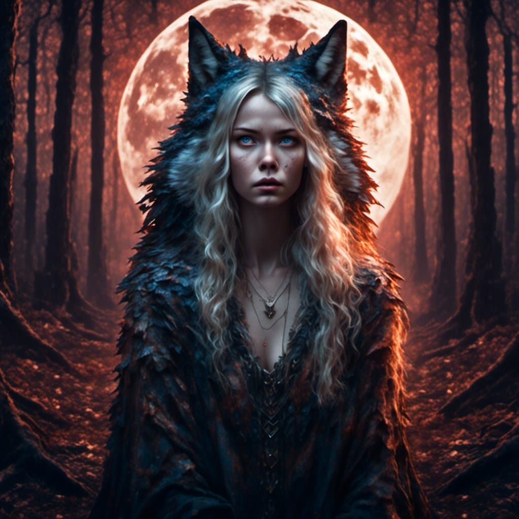 Sad Girl Hugging Wolf in Dark Forest