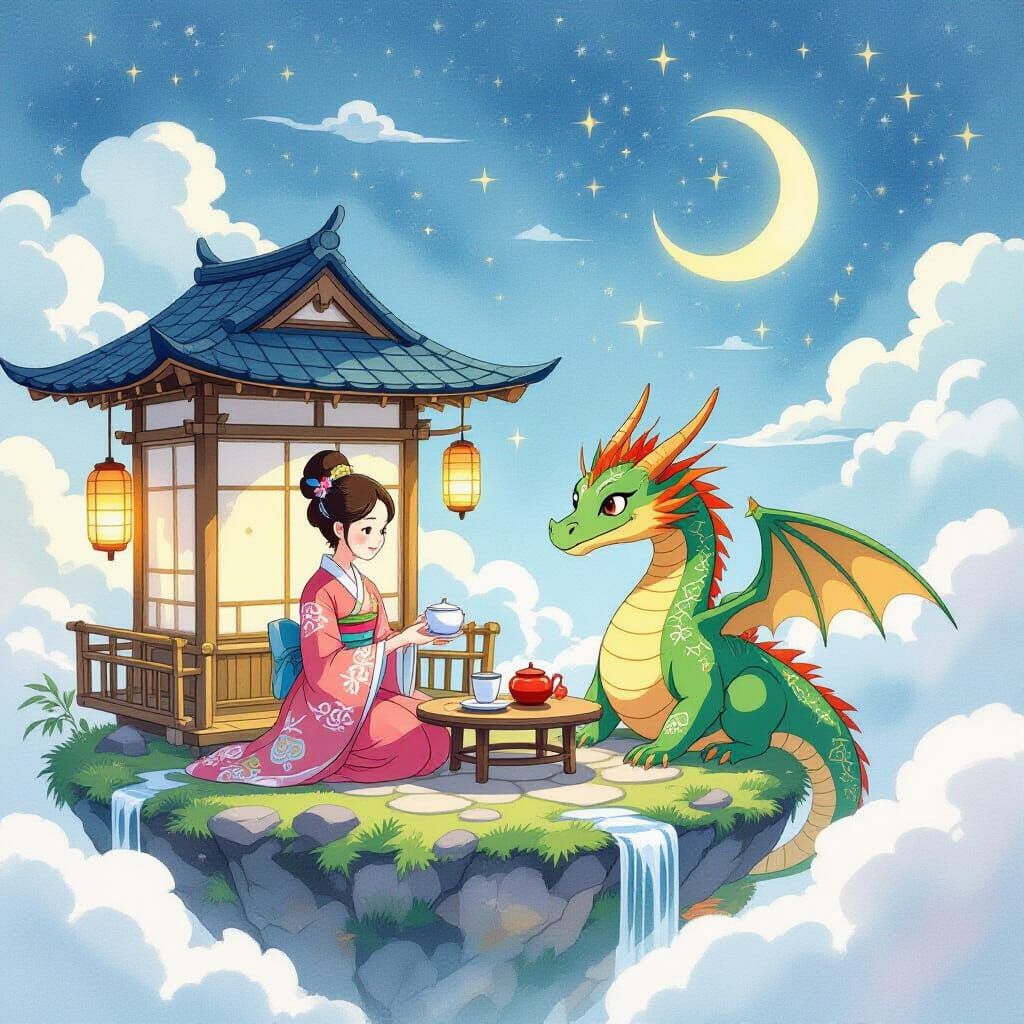 Magical Tea House in the Sky: Japanese Art Style