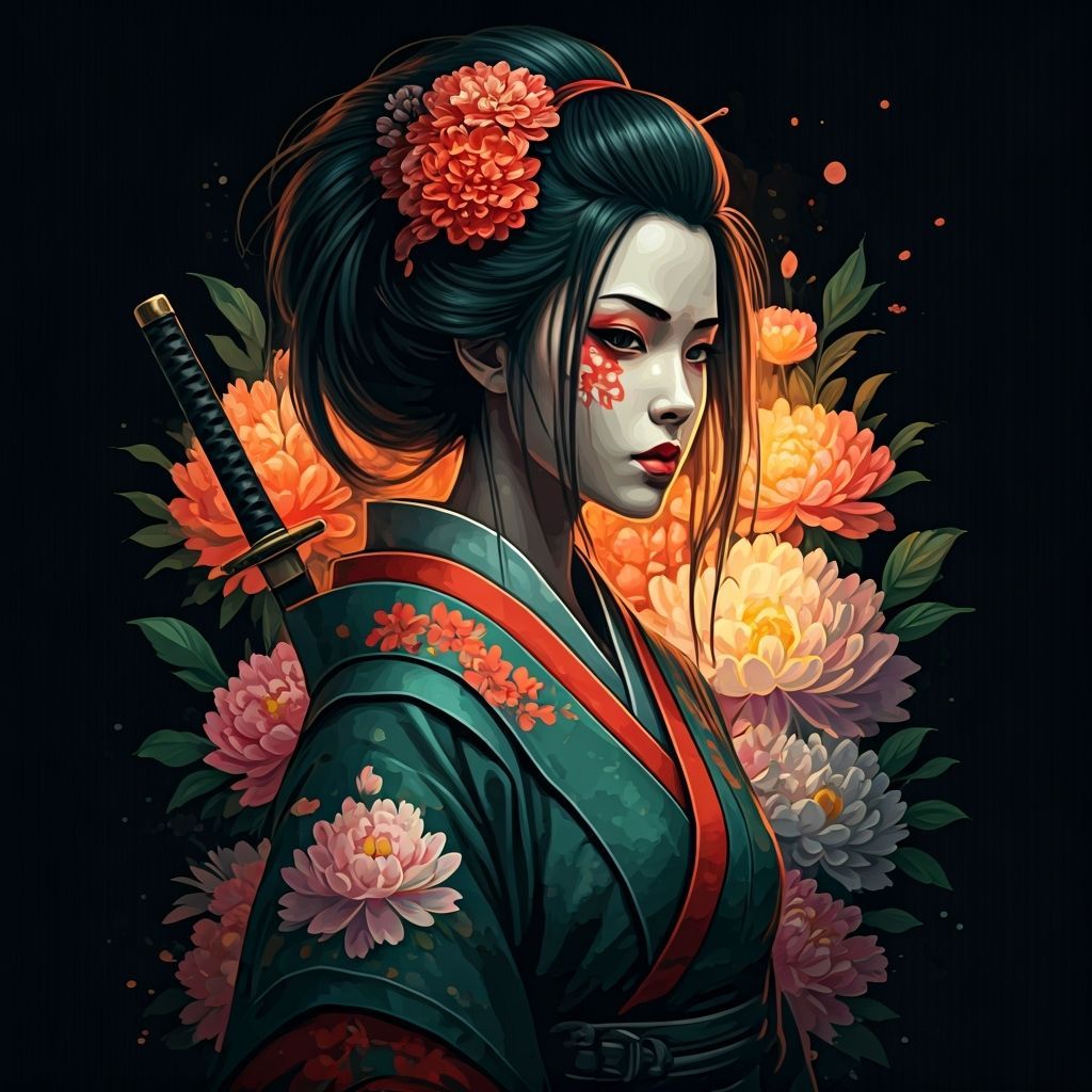 Geisha Samurai with Katana Among Flowers