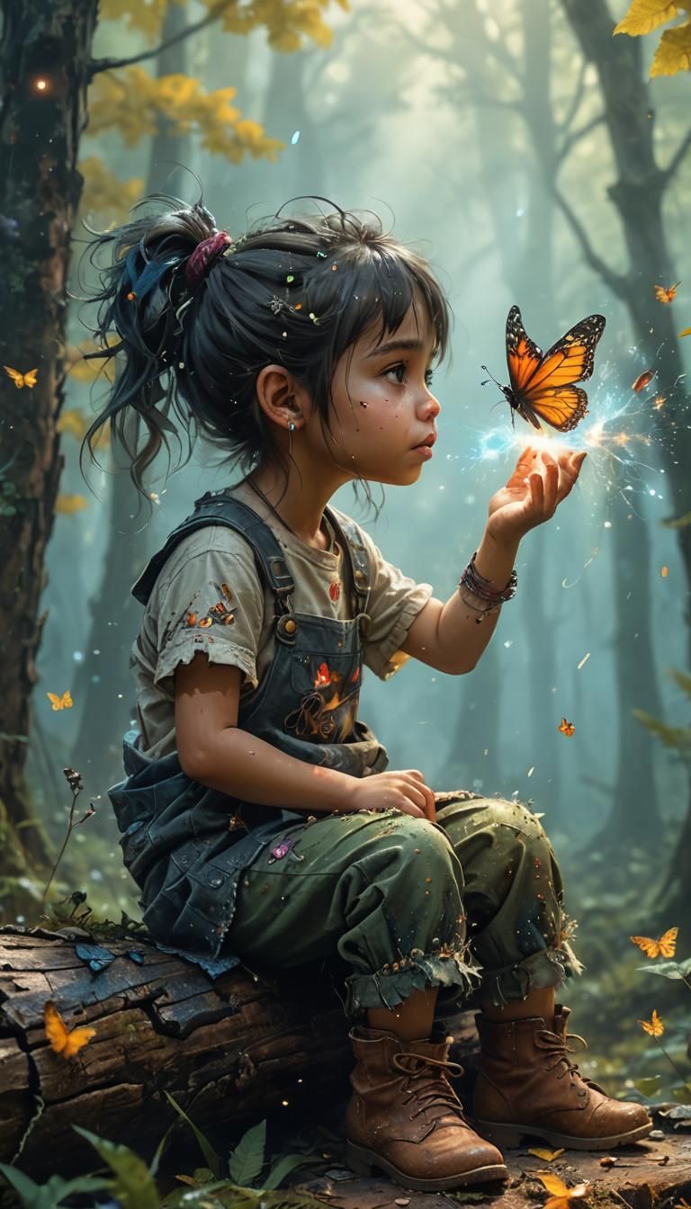 Whimsical Punk Girl in Magical Forest, Digital Art