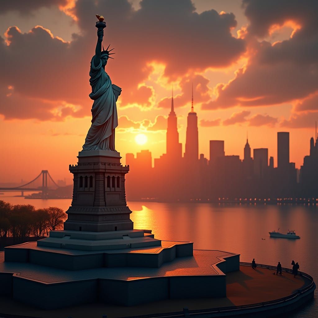 Ethereal Sunset Statue of Liberty Unveiled Against Manhattan...