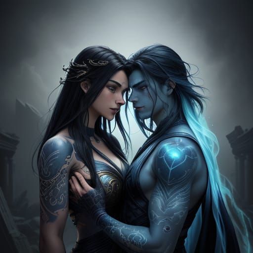Teen Couple with Celestial Tattoos in Ethereal Ruins