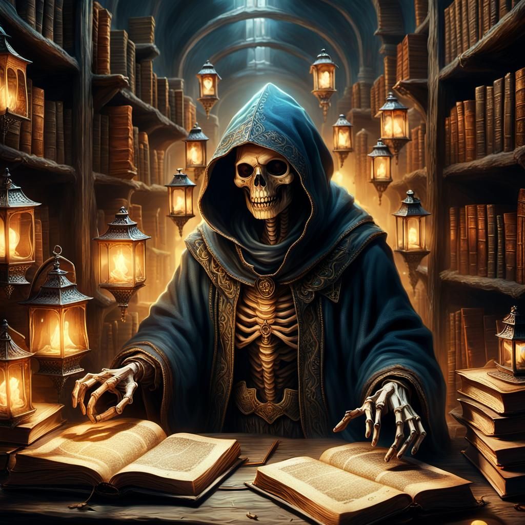 Skeletal Wise Man Surrounded by Books: Digital Matte Paintin...