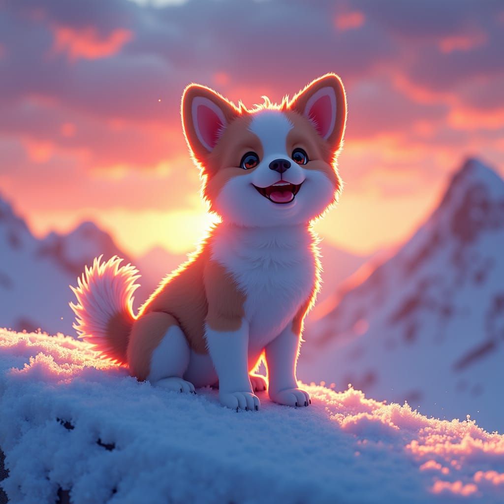 Radiant Dog on Frozen Peak at Sunset