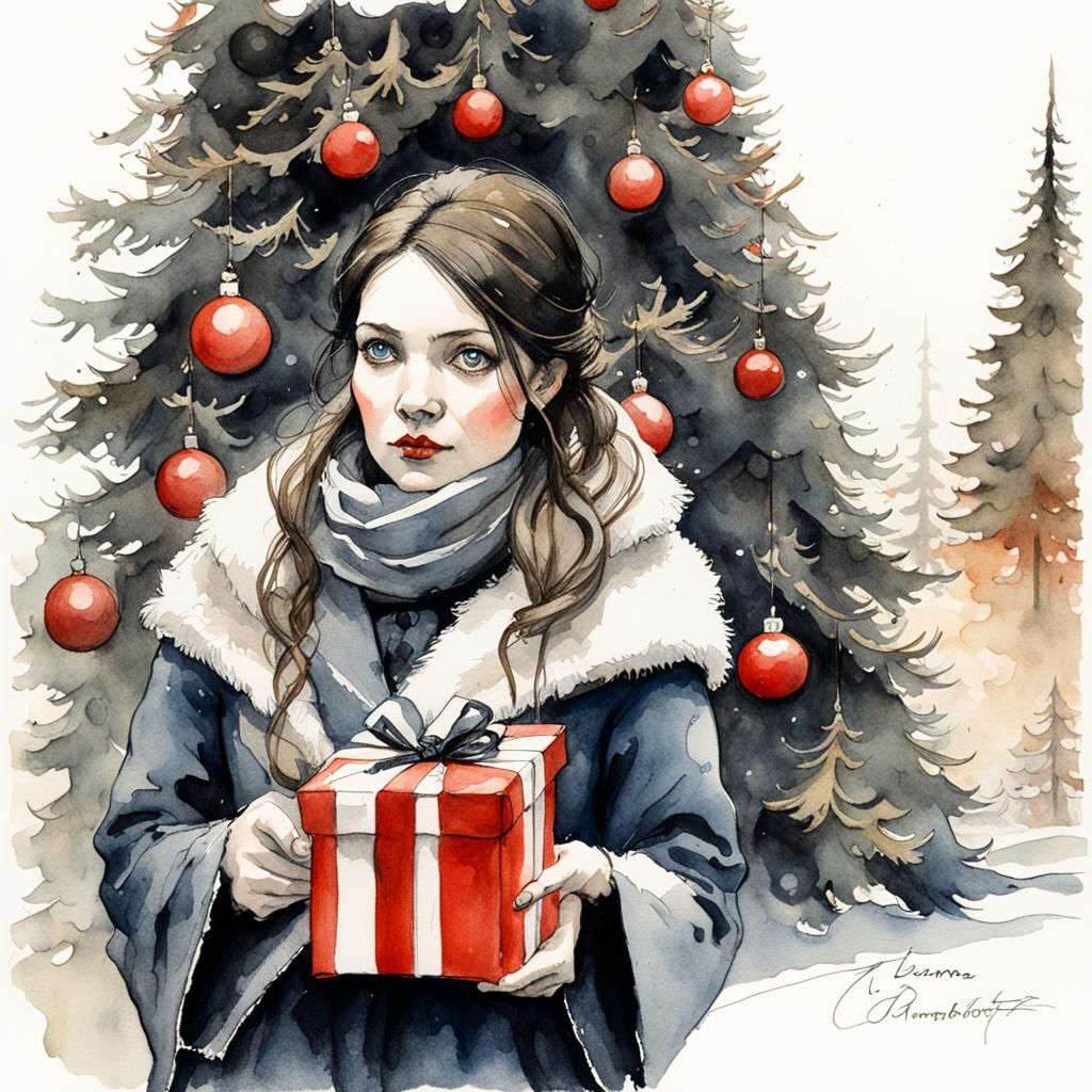 Beautiful Woman with Christmas Gifts in Watercolor