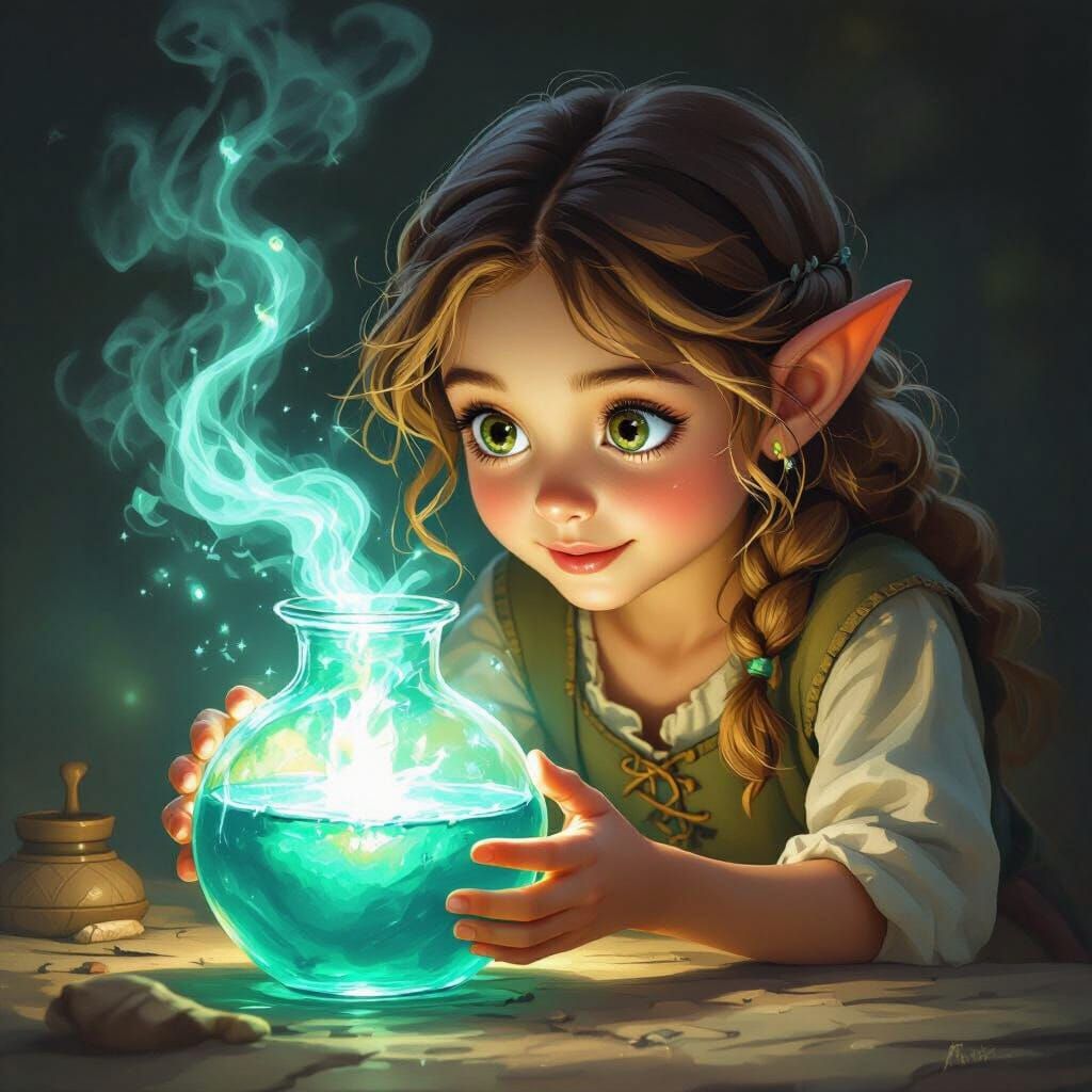 Halfling Girl Gazes Into Glowing Turquoise Potion
