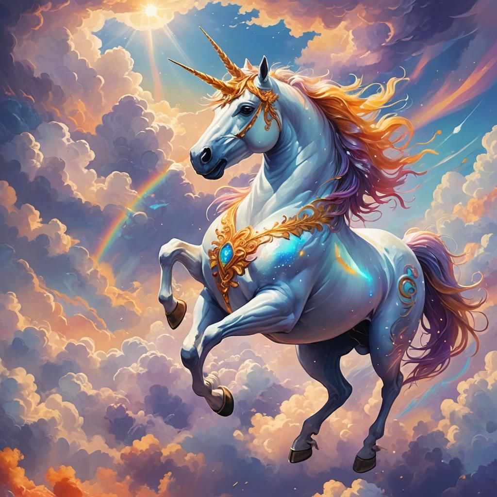 Majestic Unicorn Gliding Through Dreamlike Sky