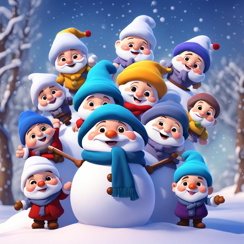 Chibi Snow White Dwarfs Building a Snowman