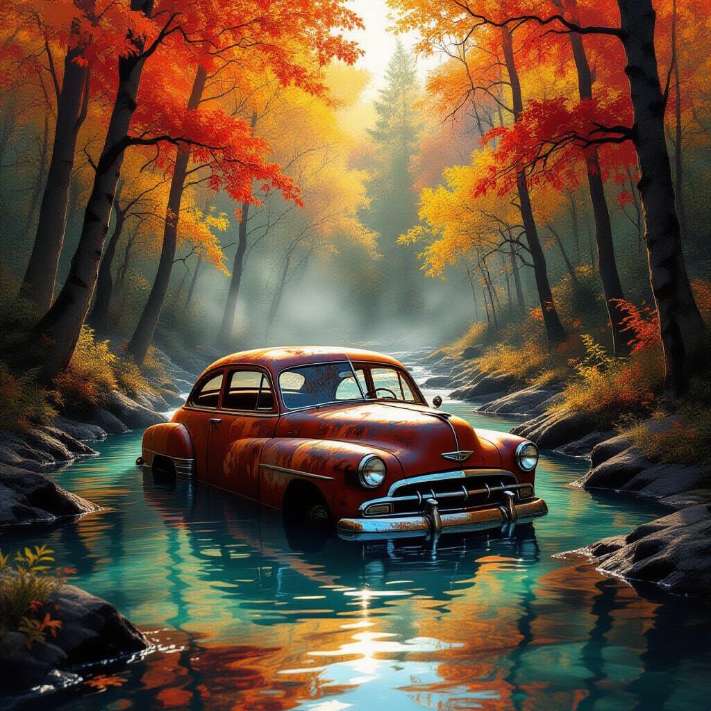 Rusted Car in Autumn Stream Concept Art