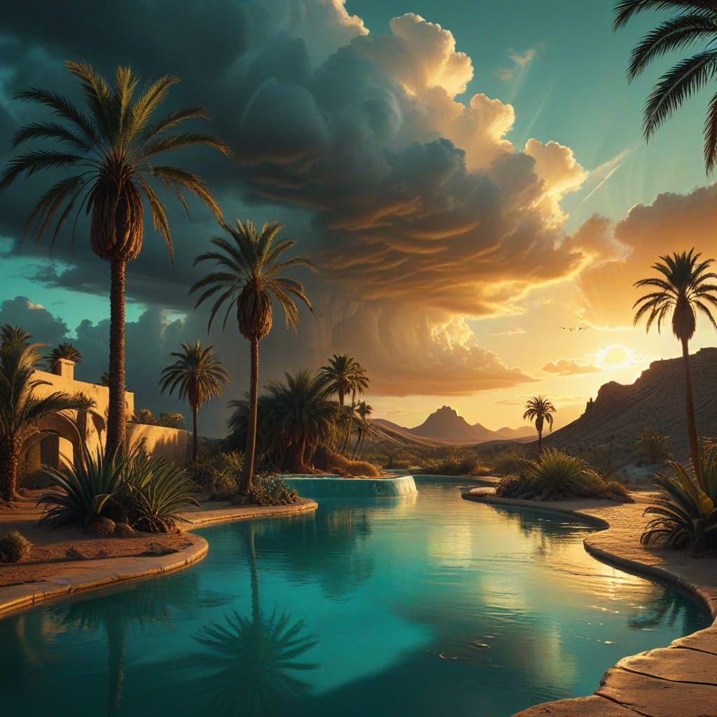 Surreal Desert Oasis with Stormy Sky, Salvador Dali Style