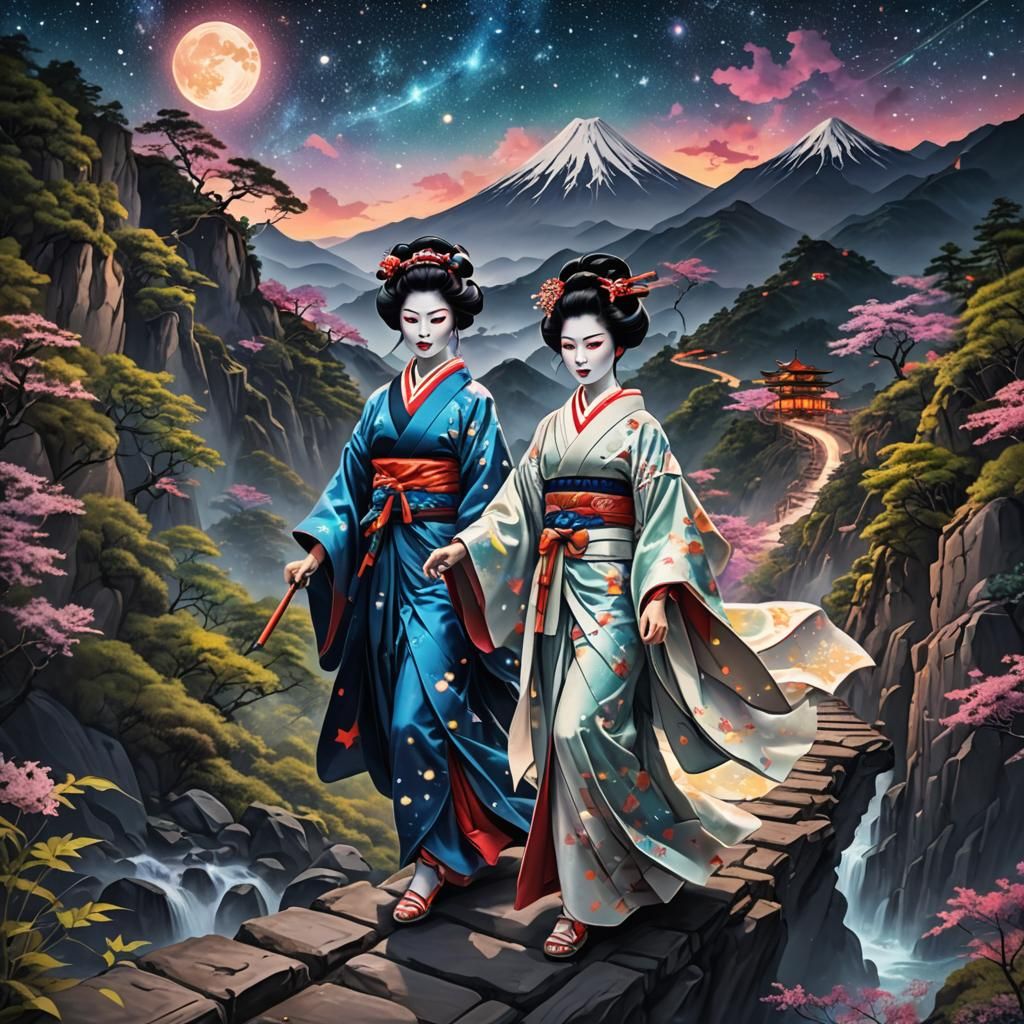 Geisha and Samurai on Precarious Mountain Trail
