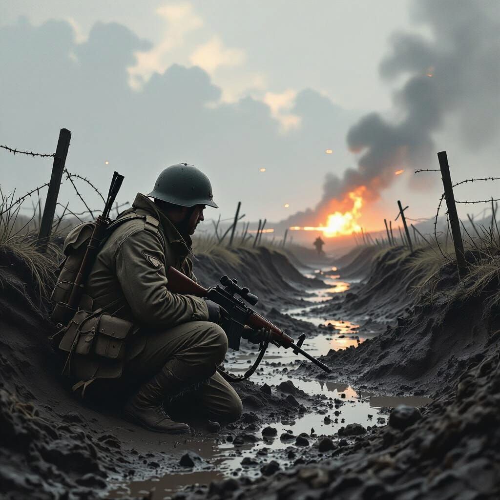Gritty War Scene: Soldier in Trench with Barbed Wire