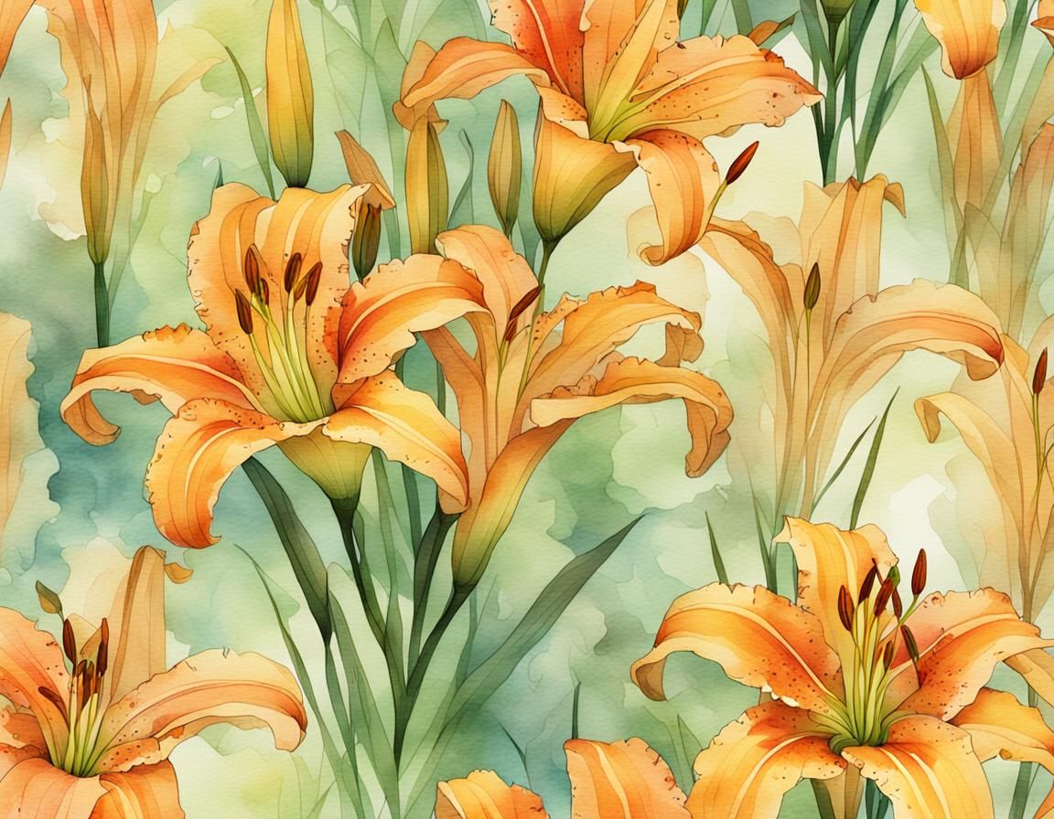 Colorful inspired vintage floral background of day lilies in the style of dreamy watercolor painting