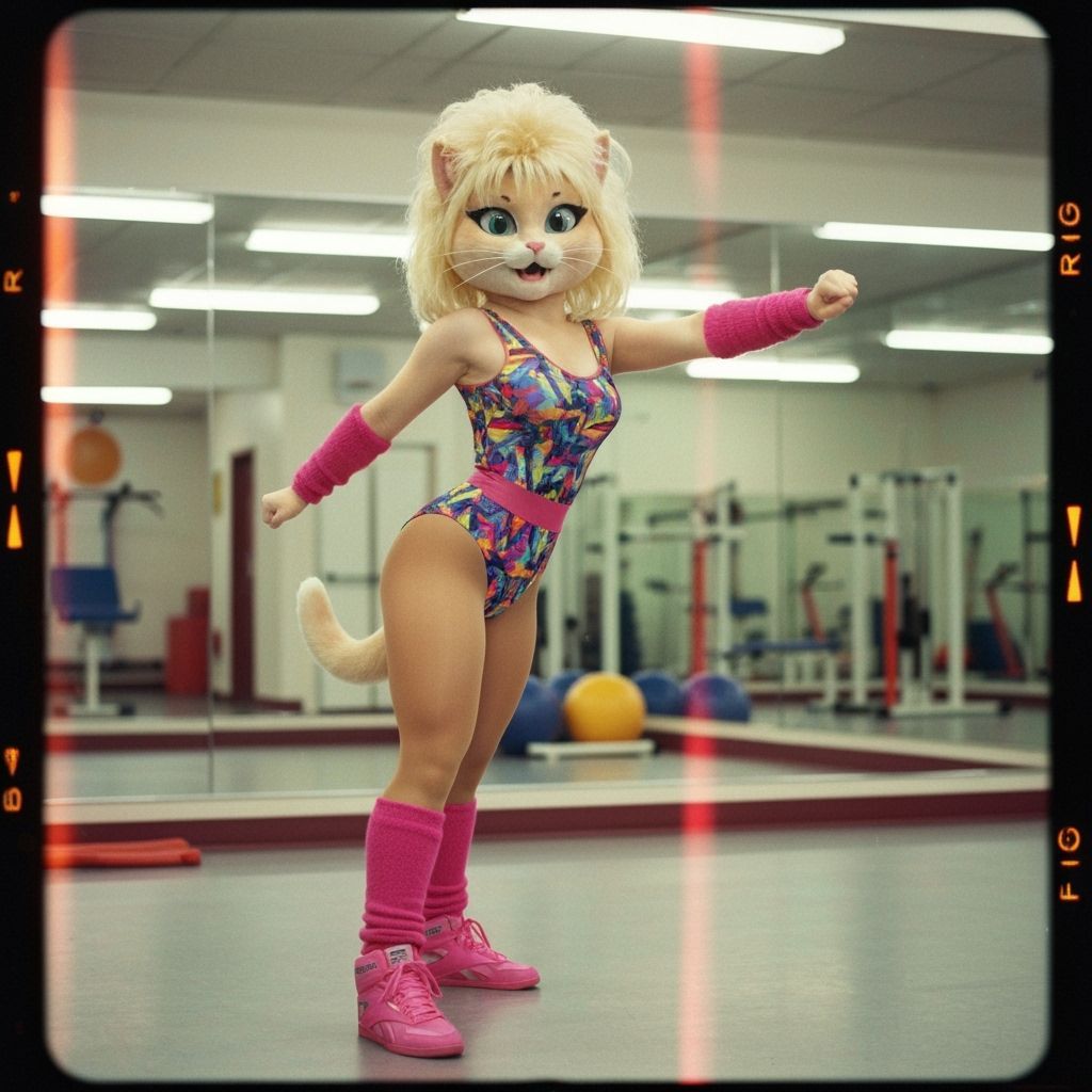 Anthropomorphic Cat Does 80s Aerobics in Vintage Photo