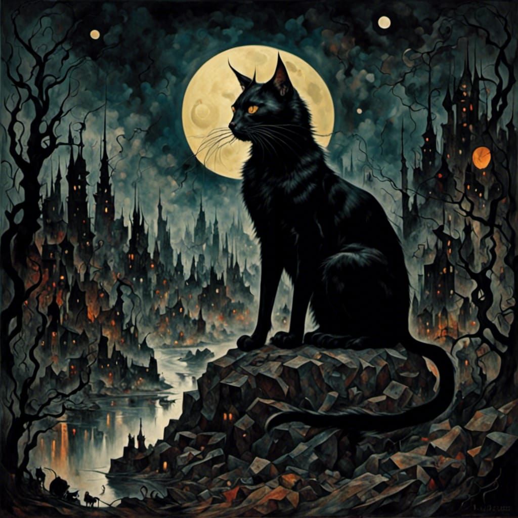 Black Cat Gazing at Moon in Sinister Forest