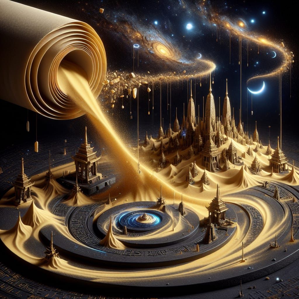 Miniature sandstone temple complex spilling out of a partially unrolled celestial ink scroll