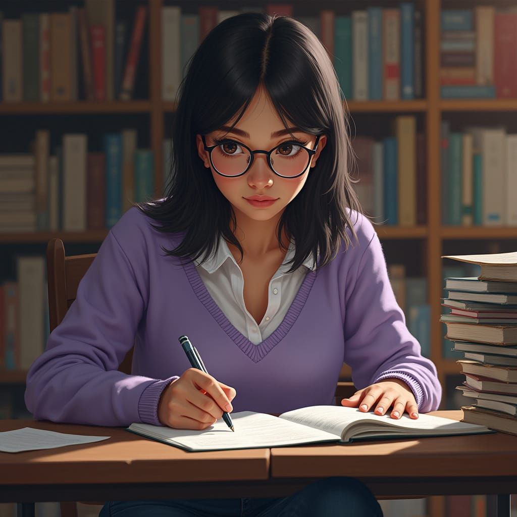 Young Woman Writing in Library: Hyper-Realistic Portrait