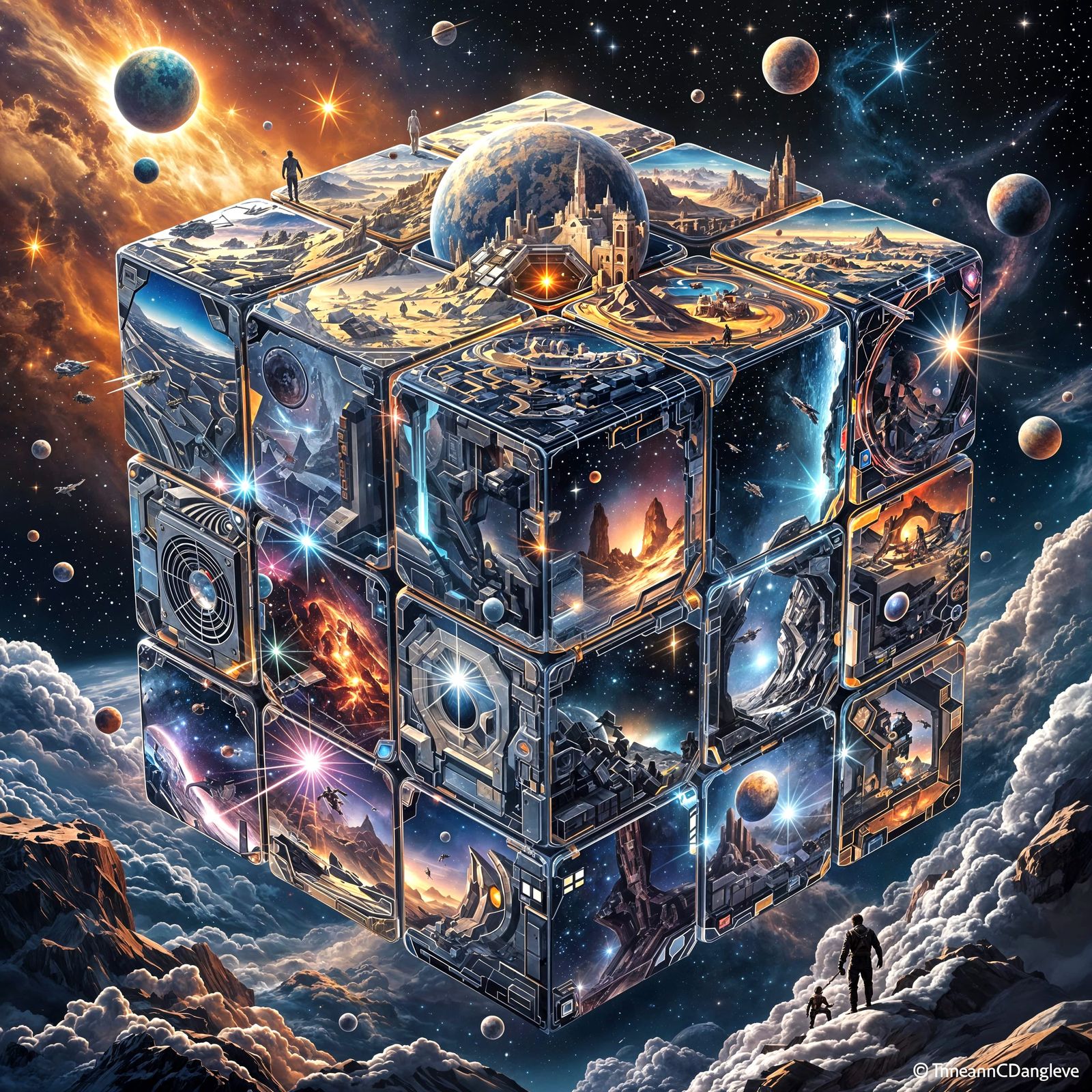 Surreal Sci-Fi Rubik's Cube with Alien Worlds