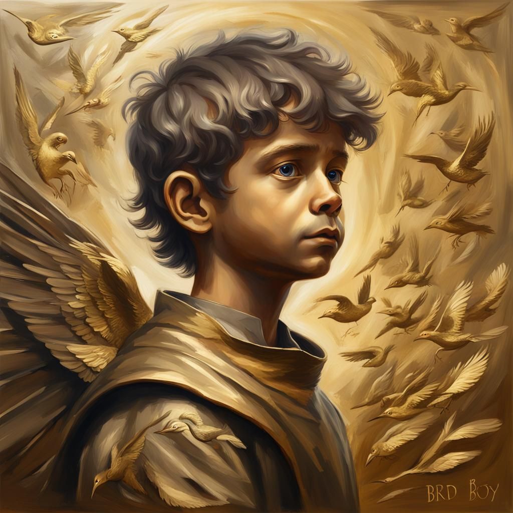 Mythical Bird Boy Portrait in Bronze and Gold