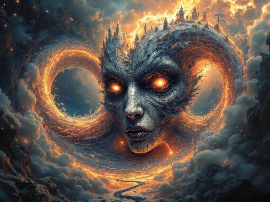 Surreal Infinity Landscape with Shifting Vampire Face Archit...