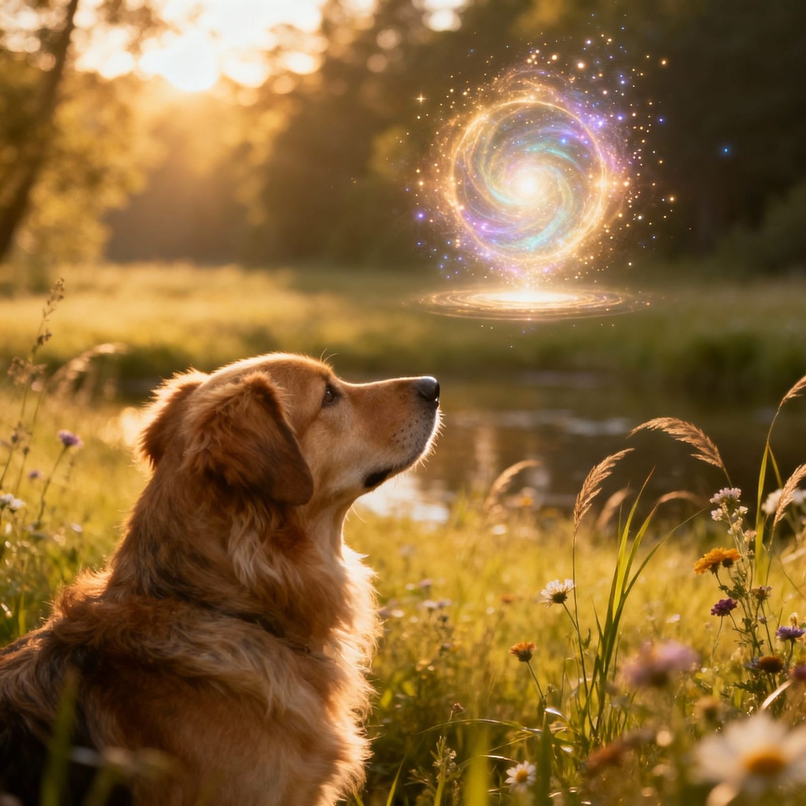 Loyal Dog Gazes at Shimmering Portal in Meadow