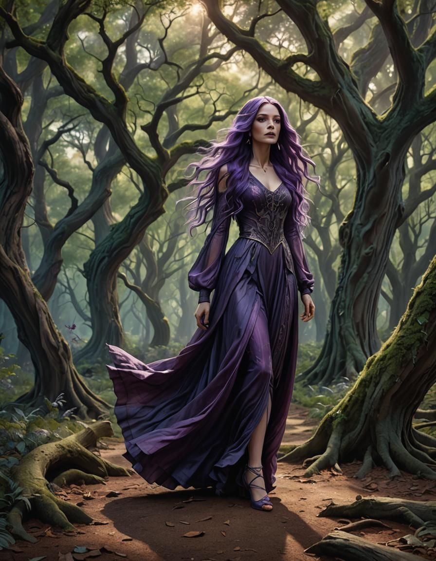 Mysterious Girl with Purple Hair in Enchanted Forest