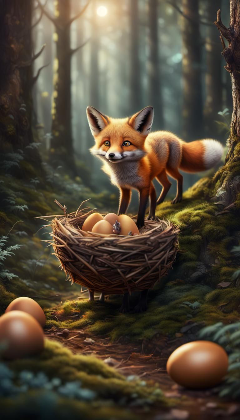 Baby Fox Discovers Nest in Magical Forest