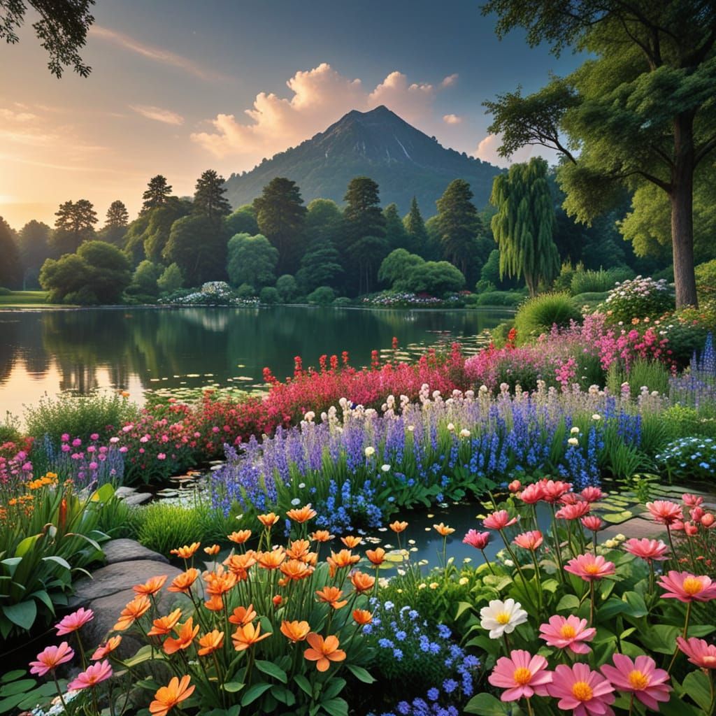 Serene Summer Garden Lake with Blooming Flowers