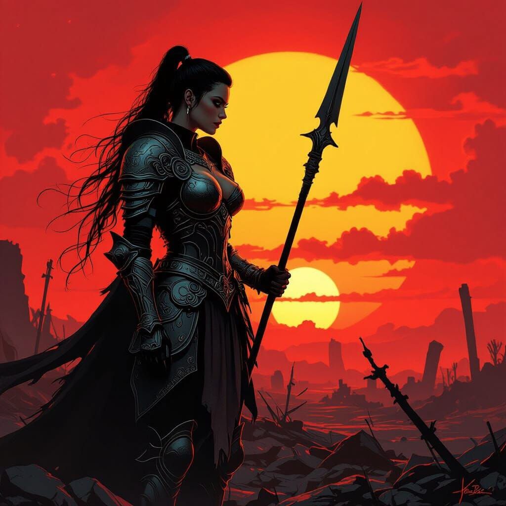 Valkyrie Silhouette on Battlefield at Sunset