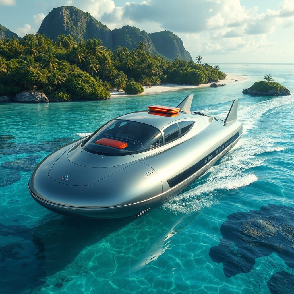 Sleek Futuristic Hovercraft Over Tropical Lagoon in Retrofut...
