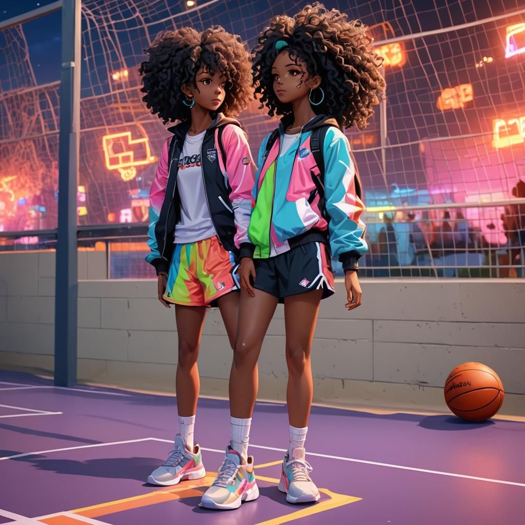 Anime-Style 3D Rendering of Woman on Basketball Court