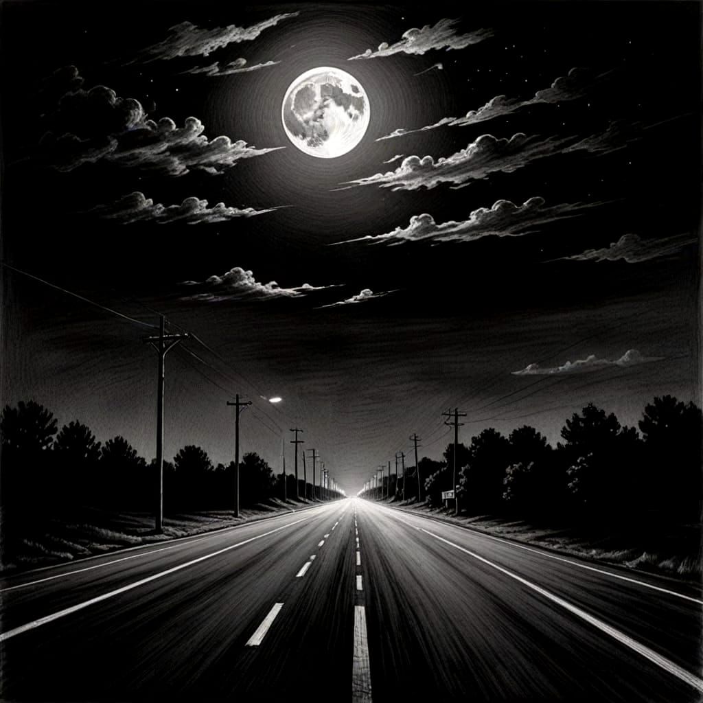 Moonlit Highway Stripe in Charcoal Drawing Style