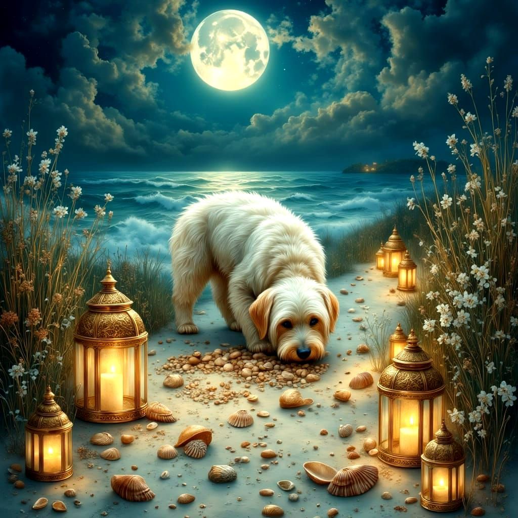 Bioluminescent Beach at Midnight with White Dog