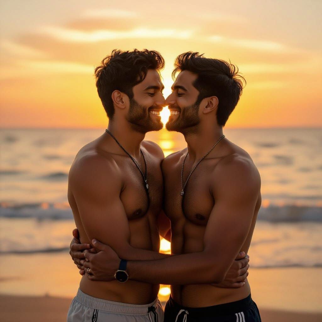 Beach Sunset Kiss: Romantic Realism Image