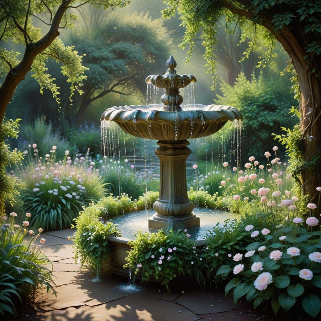 Whimsical Fountain Scene in Impressionist Style