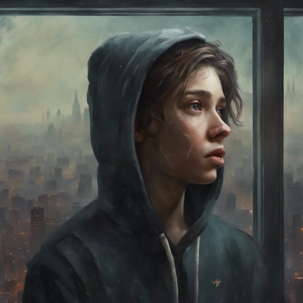 Teenager Gazing at City: Digital Impasto Oil Painting