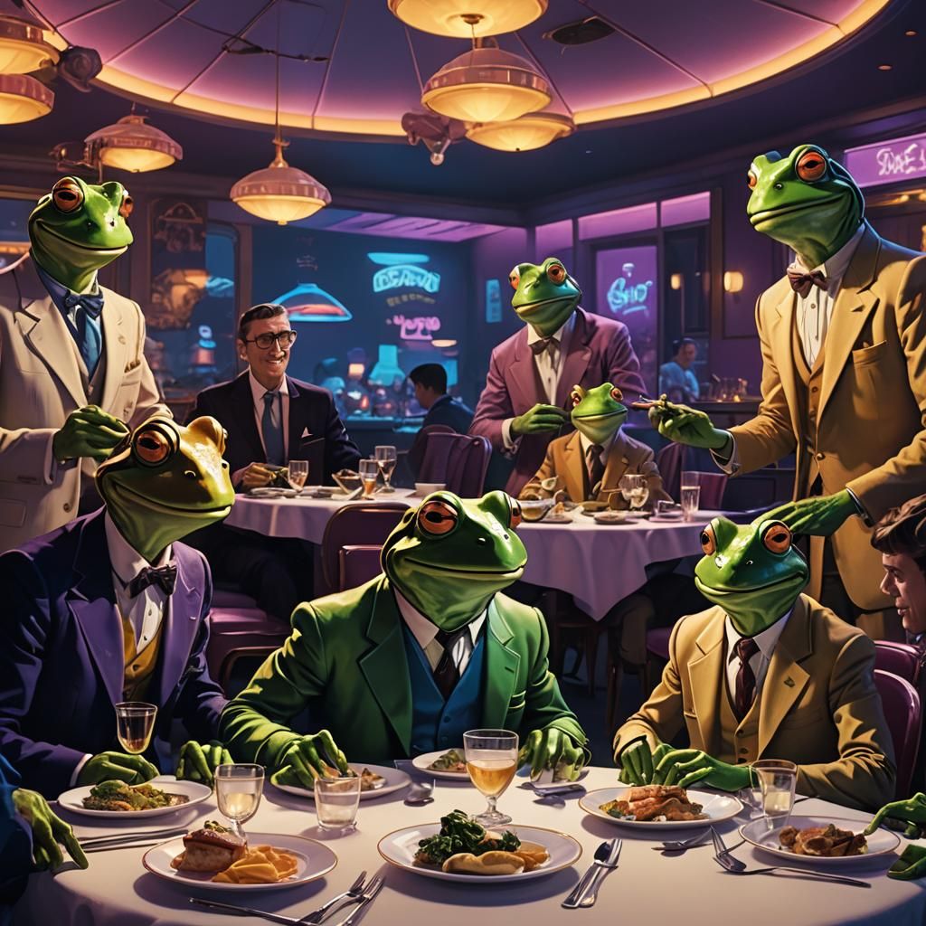Frogs' Dinner Party in Retro-Futuristic Art Deco Style