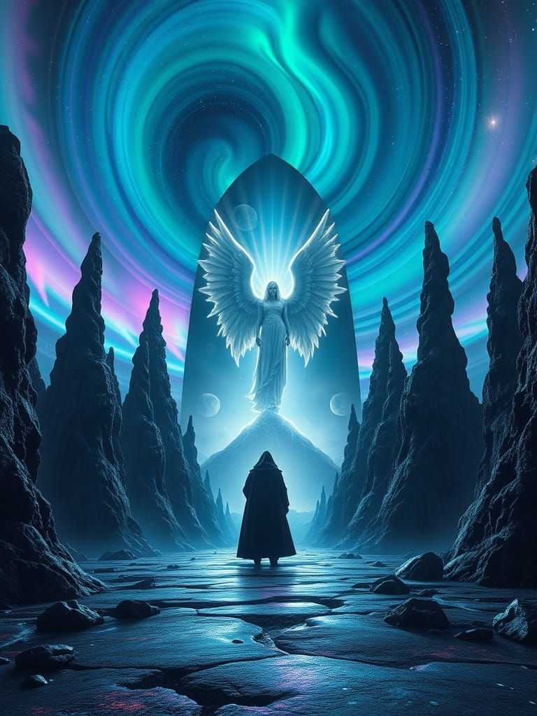 Surreal Aurora Landscape with Warlock and Angel Reflection