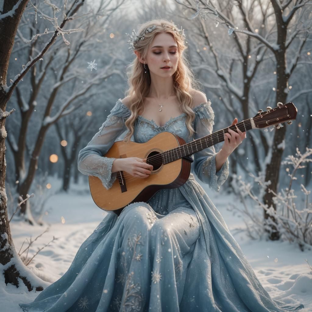 Winter Fae Elf Plays Guitar in Snowy Landscape