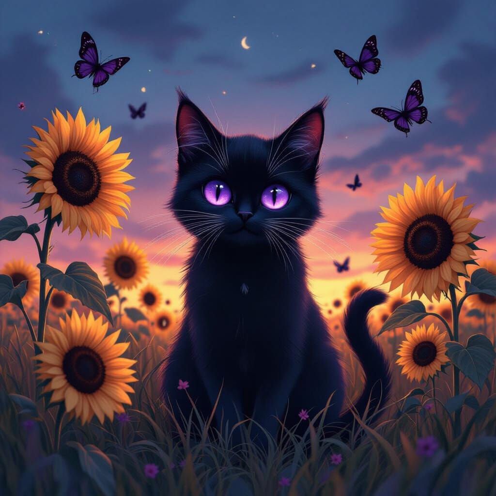 Emo Cat with Purple Eyes in Gothic Sunflower Field