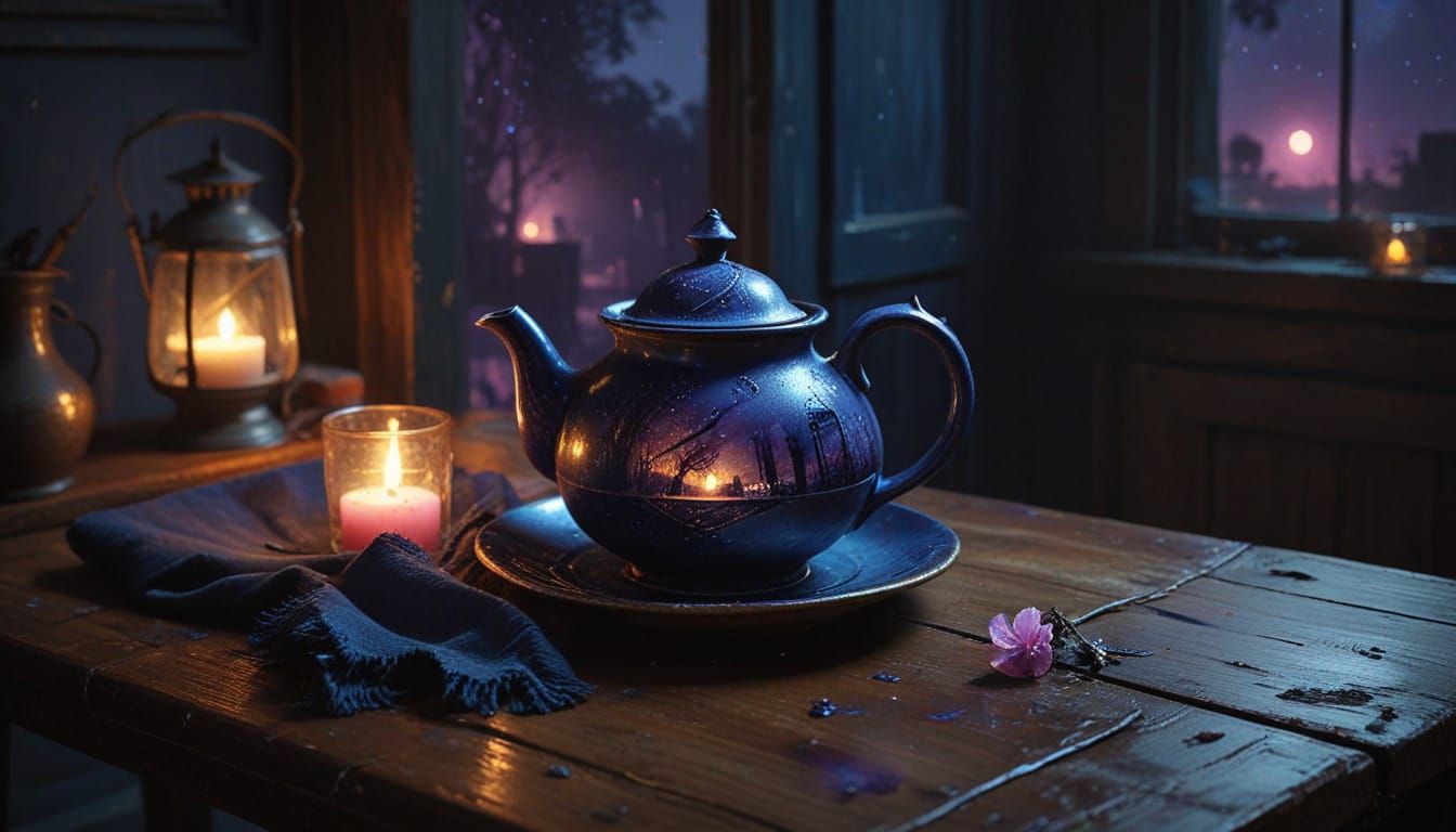 Whimsical Blue Teapot in Moonlit Ambiance