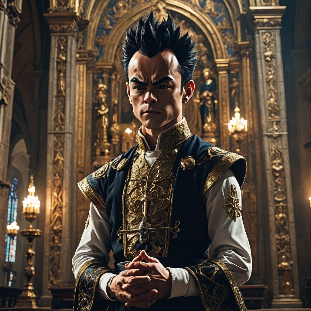 Vegeta as Catholic Priest in Ornate Cathedral