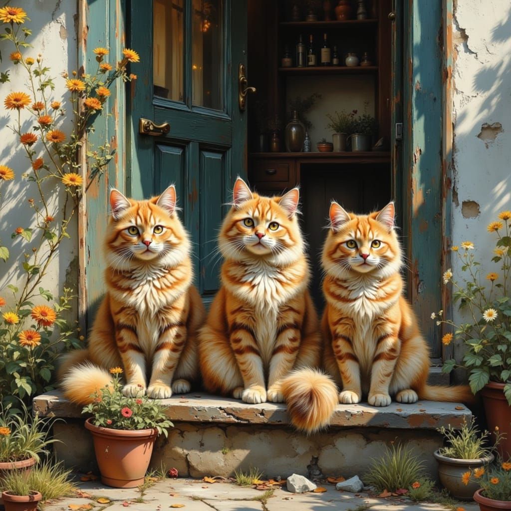Fluffy Persian Cats on Sunlit Doorstep, Hyperrealistic Digit...