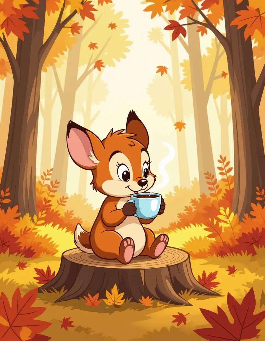 Cute Piglet Sits on Log Drinking Coffee in Autumn Forest