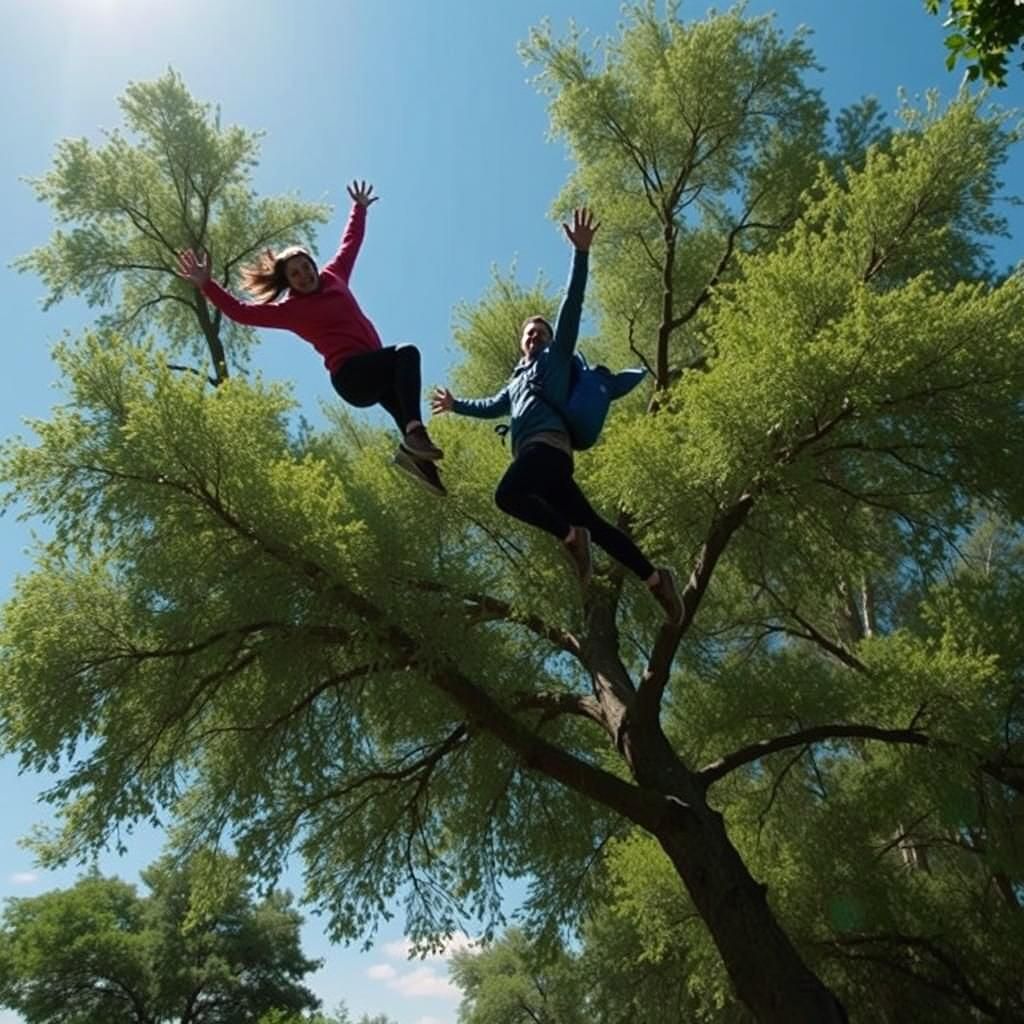Two Figures Jumping from a Tree