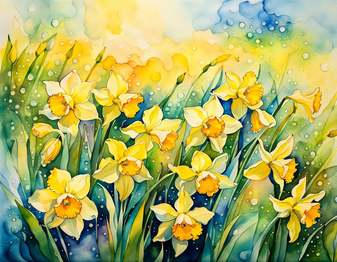 Daffodils in Watercolor with Impressionistic Brushstrokes