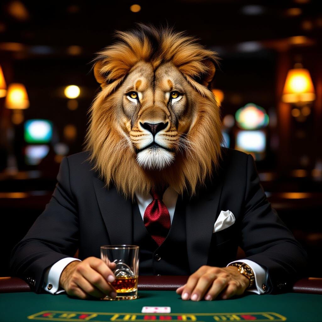 Lion Sipping Whiskey in Casino Bar
