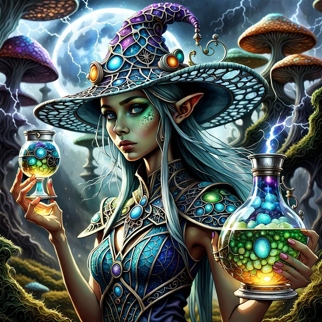 Elven Alchemist Dancing with Fungi and Magic